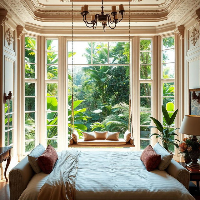 A luxurious dream room featuring a large wall of windows behind an elegantly designed bed