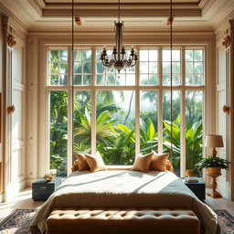 A luxurious dream room featuring a large wall of windows behind an elegantly designed bed