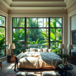A luxurious dream room featuring a large wall of windows behind an elegantly designed bed
