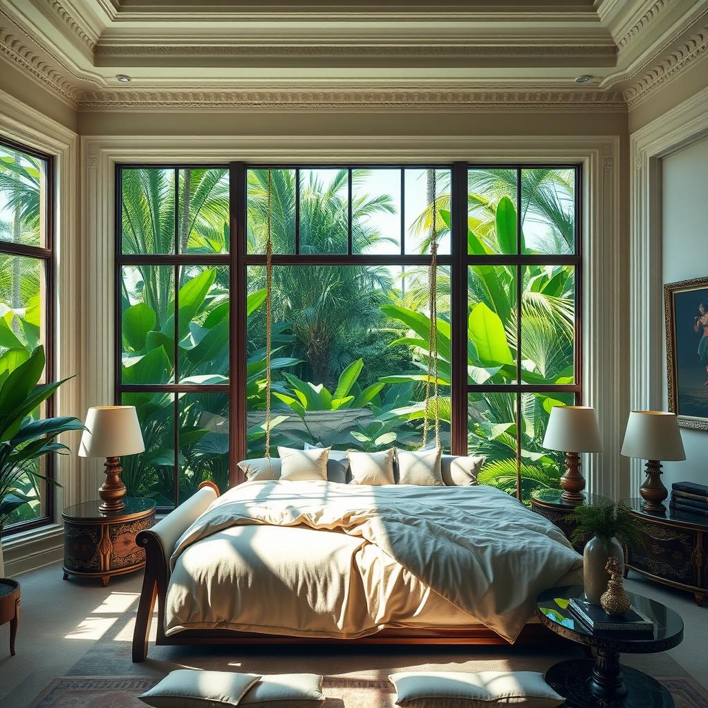 A luxurious dream room featuring a large wall of windows behind an elegantly designed bed