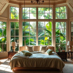 A luxurious dream room featuring a large wall of windows behind an elegantly designed bed