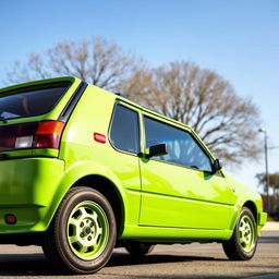 A vintage 1988 Fiat Uno SX in a vibrant acid green color, parked on a sunny street