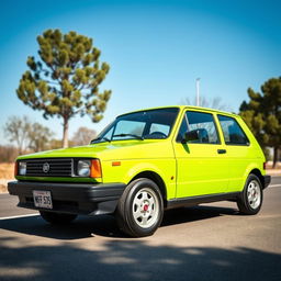 A vintage 1988 Fiat Uno SX in a vibrant acid green color, parked on a sunny street