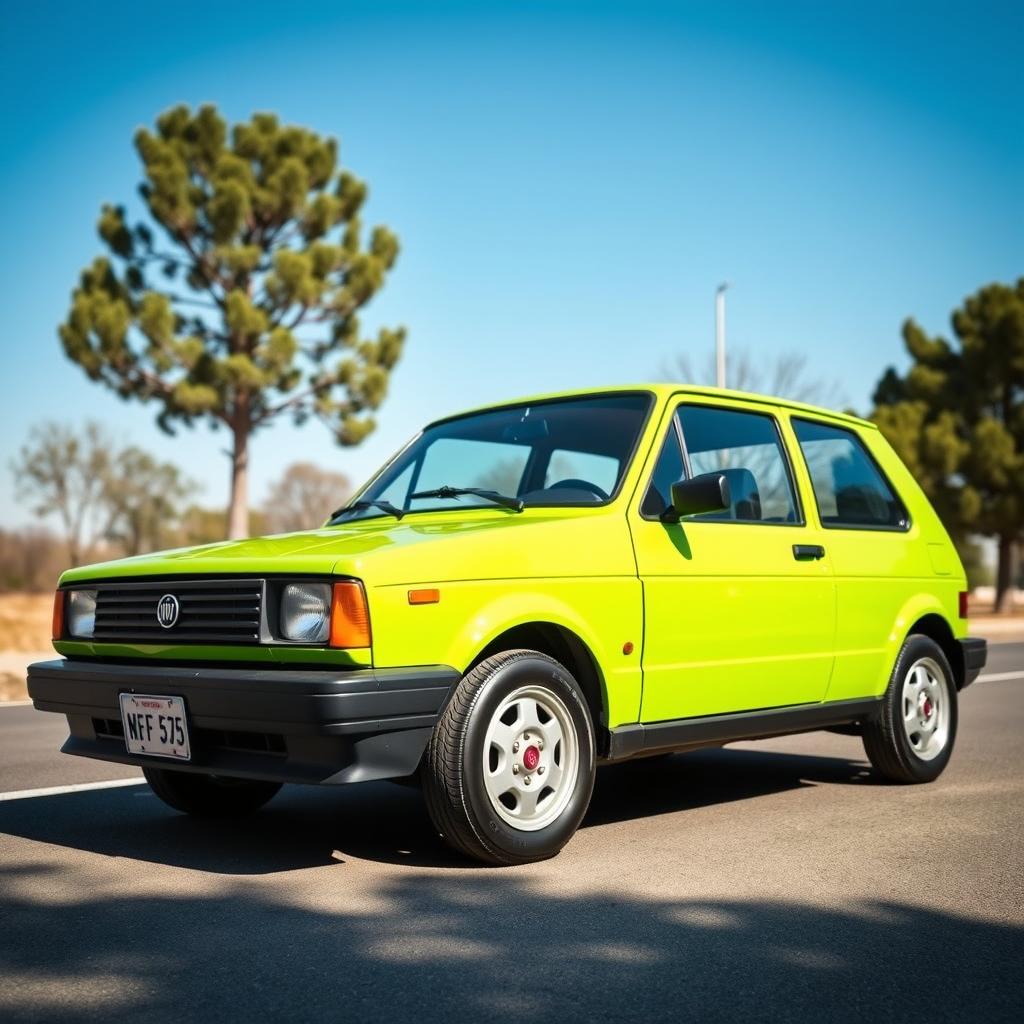 A vintage 1988 Fiat Uno SX in a vibrant acid green color, parked on a sunny street
