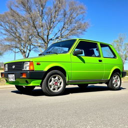 A vintage 1988 Fiat Uno SX in a vibrant acid green color, parked on a sunny street