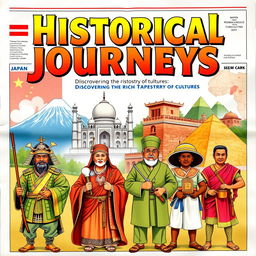 A vibrant newspaper cover illustrating the historical events of Japan, India, China, and Africa