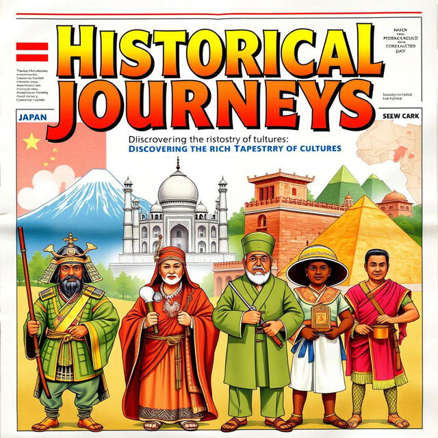A vibrant newspaper cover illustrating the historical events of Japan, India, China, and Africa