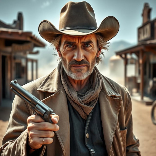 A 57-year-old cowboy from the Wild West, rugged and weathered, wearing a long duster coat that is slightly open