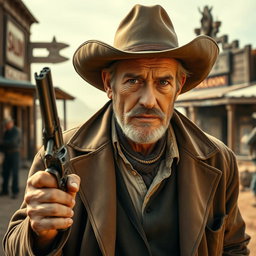 A 57-year-old cowboy from the Wild West, rugged and weathered, wearing a long duster coat that is slightly open