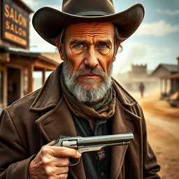 A 57-year-old cowboy from the Wild West, rugged and weathered, wearing a long duster coat that is slightly open