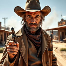 A 57-year-old cowboy from the Wild West, rugged and weathered, wearing a long duster coat that is slightly open