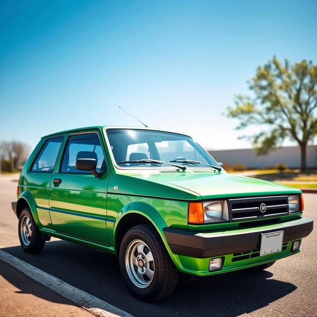 A vintage 1988 Fiat Uno SX in a bright metallic green color, parked on a sunny street