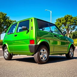 A vintage 1988 Fiat Uno SX in a bright metallic green color, parked on a sunny street