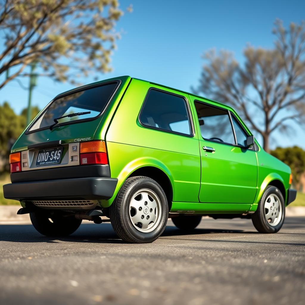 A vintage 1988 Fiat Uno SX in a bright metallic green color, parked on a sunny street