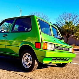 A vintage 1988 Fiat Uno SX in a bright metallic green color, parked on a sunny street