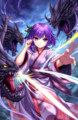 A girl with vibrant purple hair and striking purple eyes, dressed in a traditional Japanese kimono, fiercely battling menacing monsters