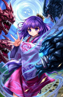 A girl with vibrant purple hair and striking purple eyes, dressed in a traditional Japanese kimono, fiercely battling menacing monsters