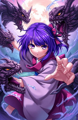 A girl with vibrant purple hair and striking purple eyes, dressed in a traditional Japanese kimono, fiercely battling menacing monsters
