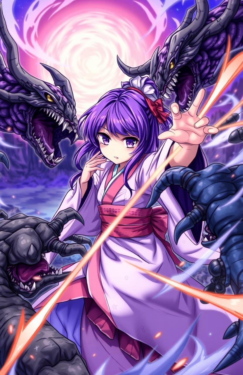 A girl with vibrant purple hair and striking purple eyes, dressed in a traditional Japanese kimono, fiercely battling menacing monsters