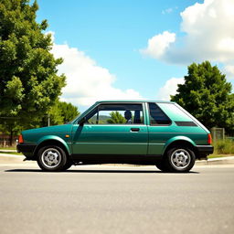 A vintage 1988 Fiat Uno SX in a satin emerald green metallic finish, parked on a sunny street