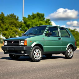 A vintage 1988 Fiat Uno SX in a satin emerald green metallic finish, parked on a sunny street