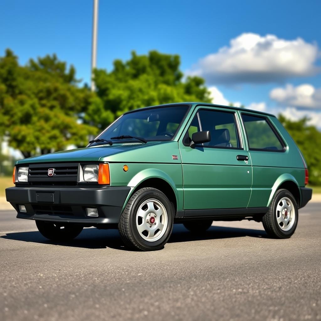 A vintage 1988 Fiat Uno SX in a satin emerald green metallic finish, parked on a sunny street