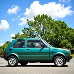 A vintage 1988 Fiat Uno SX in a satin emerald green metallic finish, parked on a sunny street