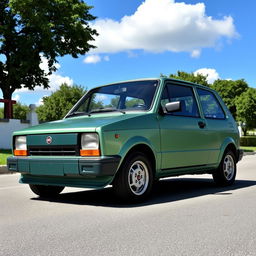 A vintage 1988 Fiat Uno SX in a satin emerald green metallic finish, parked on a sunny street
