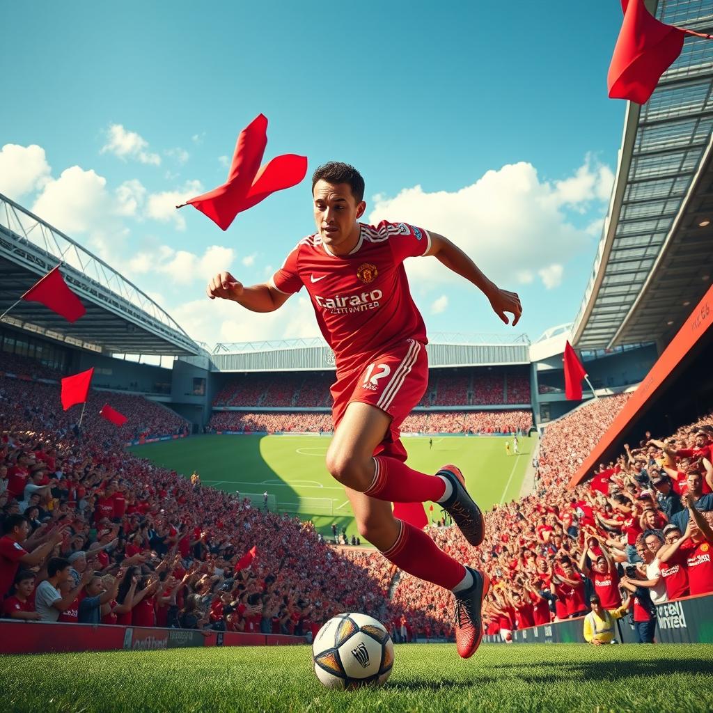 A vibrant and dynamic scene capturing the excitement of a Manchester United football match at Old Trafford stadium