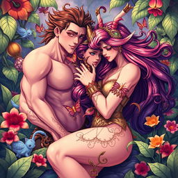A vibrant and colorful illustration featuring adult-themed fantasy characters engaging in playful and suggestive interactions