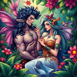A vibrant and colorful illustration featuring adult-themed fantasy characters engaging in playful and suggestive interactions