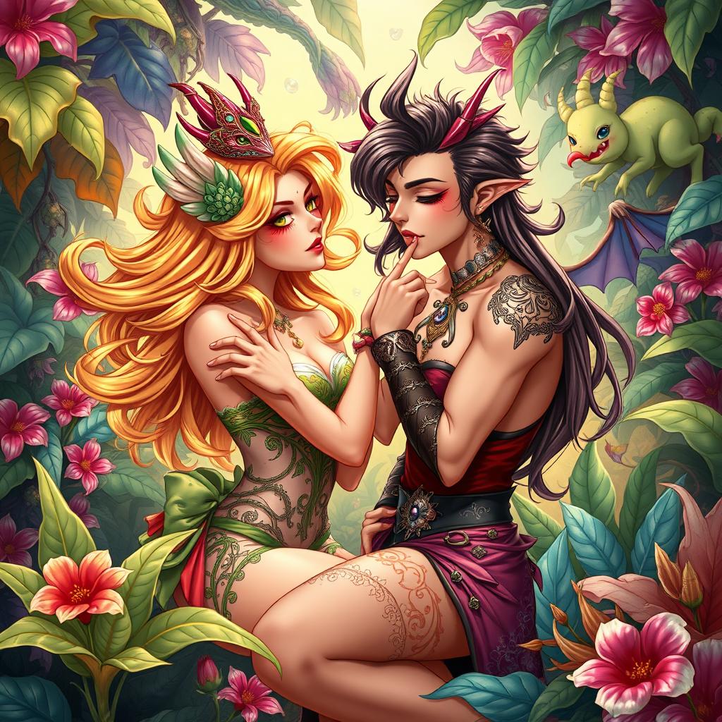 A vibrant and colorful illustration featuring adult-themed fantasy characters engaging in playful and suggestive interactions