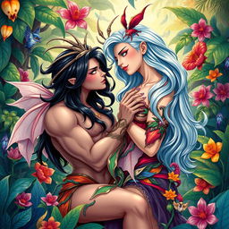 A vibrant and colorful illustration featuring adult-themed fantasy characters engaging in playful and suggestive interactions
