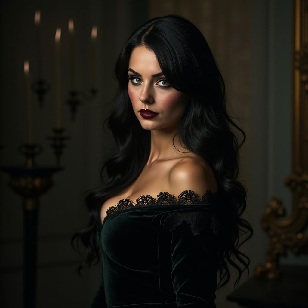 A striking portrait of an enchanting woman with an air of mystery and allure, embodying both beauty and a hint of menace