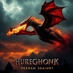 A dramatic movie poster featuring a fire-breathing dragon soaring through a dark, stormy sky, with flames erupting from its mouth, casting an eerie glow