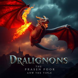 A dramatic movie poster featuring a fire-breathing dragon soaring through a dark, stormy sky, with flames erupting from its mouth, casting an eerie glow