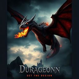 A dramatic movie poster featuring a fire-breathing dragon soaring through a dark, stormy sky, with flames erupting from its mouth, casting an eerie glow