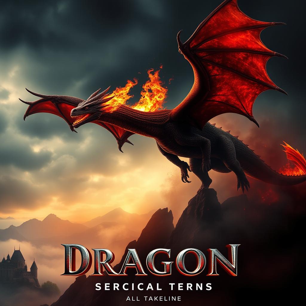A dramatic movie poster featuring a fire-breathing dragon soaring through a dark, stormy sky, with flames erupting from its mouth, casting an eerie glow