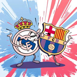 An imaginative and humorous illustration of the Real Madrid FC logo playfully choking the Barcelona FC logo