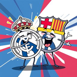 An imaginative and humorous illustration of the Real Madrid FC logo playfully choking the Barcelona FC logo