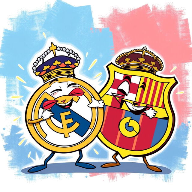 An imaginative and humorous illustration of the Real Madrid FC logo playfully choking the Barcelona FC logo