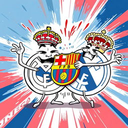 An imaginative and humorous illustration of the Real Madrid FC logo playfully choking the Barcelona FC logo
