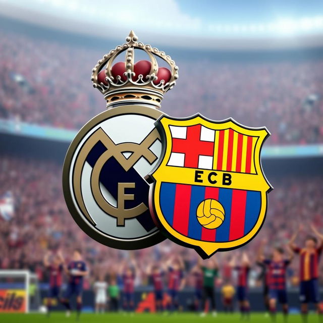 A surreal and imaginative depiction of the Real Madrid FC logo humorously choking the Barcelona FC logo