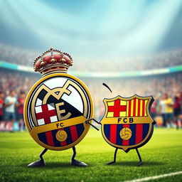 A surreal and imaginative depiction of the Real Madrid FC logo humorously choking the Barcelona FC logo