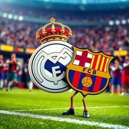 A surreal and imaginative depiction of the Real Madrid FC logo humorously choking the Barcelona FC logo