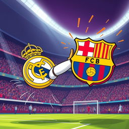 A dynamic sports illustration featuring the Real Madrid FC logo depicted in a powerful kicking motion, striking the Barcelona FC logo, which is slightly airborne
