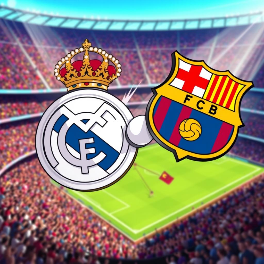 A dynamic sports illustration featuring the Real Madrid FC logo depicted in a powerful kicking motion, striking the Barcelona FC logo, which is slightly airborne