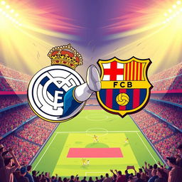 A dynamic sports illustration featuring the Real Madrid FC logo depicted in a powerful kicking motion, striking the Barcelona FC logo, which is slightly airborne