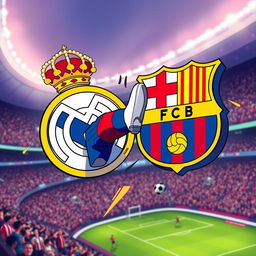 A dynamic sports illustration featuring the Real Madrid FC logo depicted in a powerful kicking motion, striking the Barcelona FC logo, which is slightly airborne