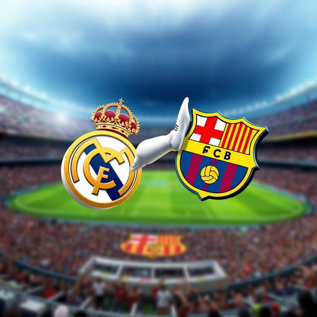 An imaginative and energetic artwork showcasing the Real Madrid FC club logo dynamically kicking the FC Barcelona club logo